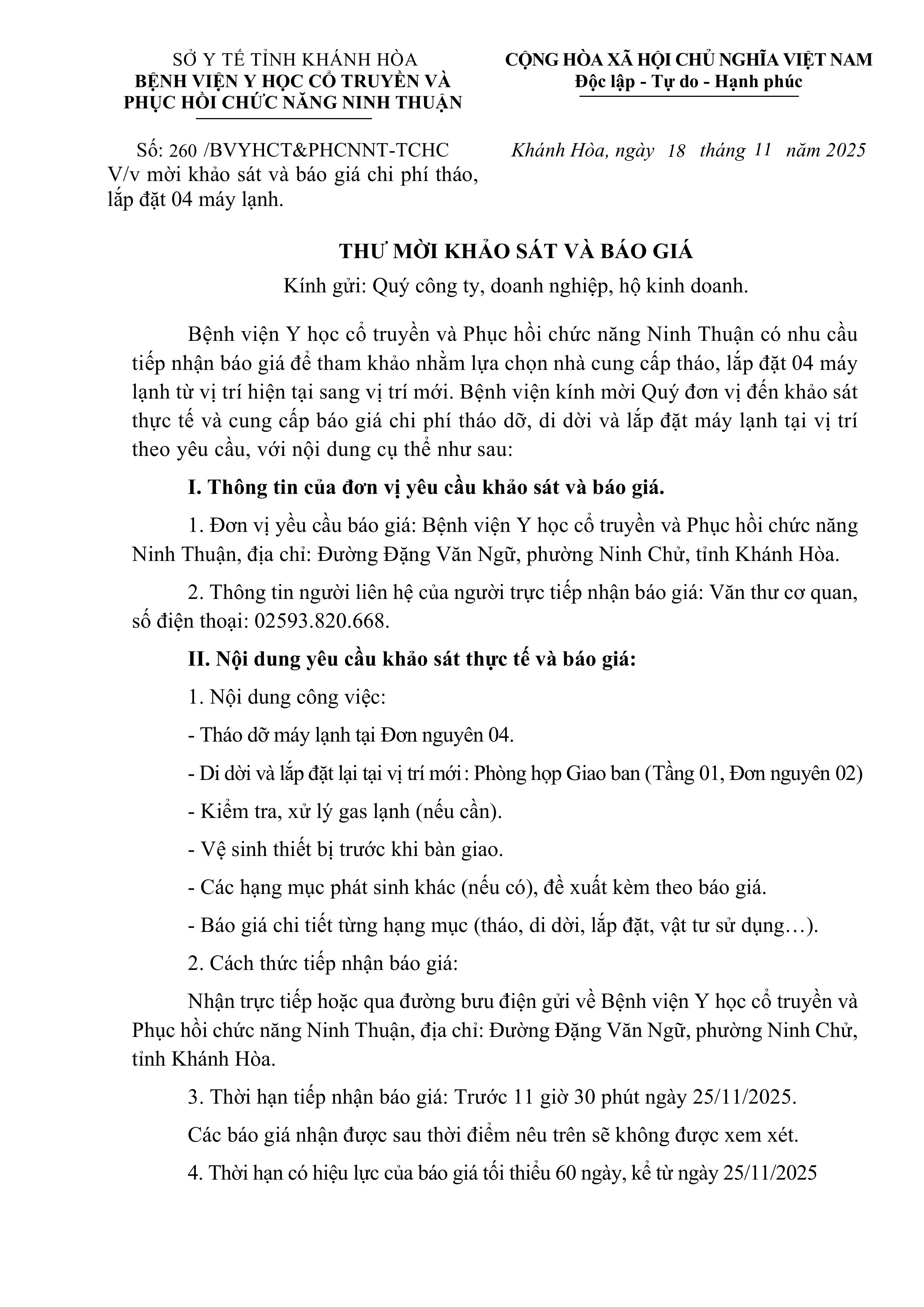 V/v mời khảo sát và báo giá chi phí tháo, lắp đặt 04 máy lạnh.